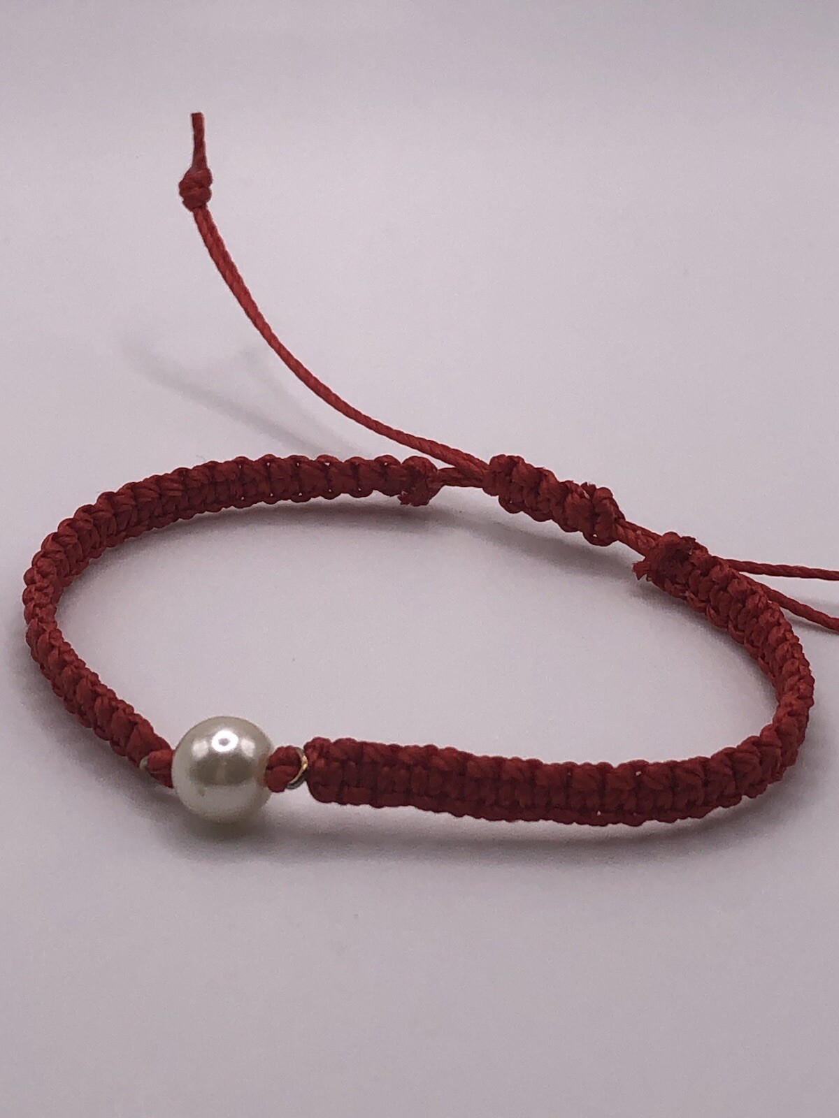 Handmade Red Macrame Square Knot Adjustable Bracelet with Pearl-like Connector