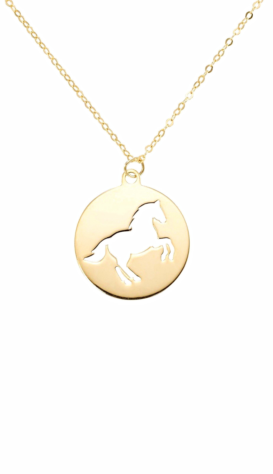 10k Gold Tone Round Horse Cutout Charm Pendant Necklace Cable Chain Spring Ring
