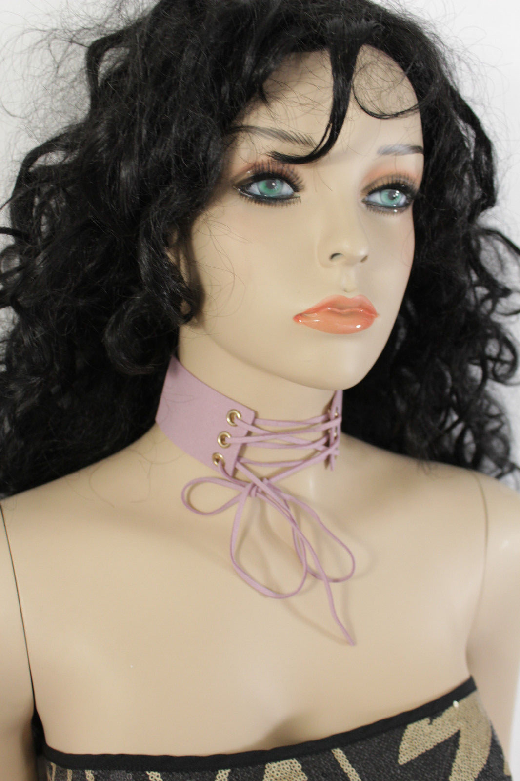 NEW Women Pastel Pink Faux Leather Fabric Fashion Corset Choker Necklace Tie