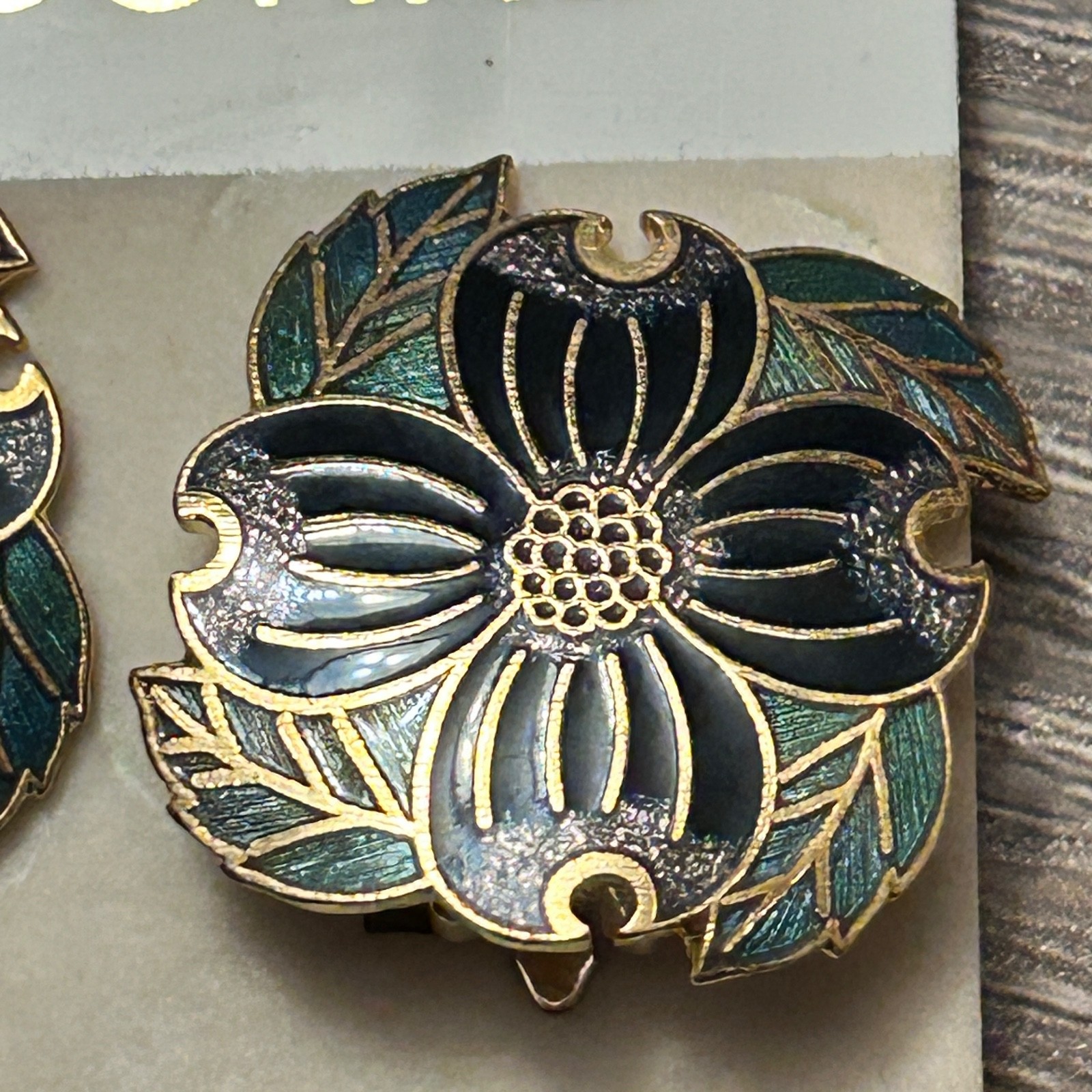 Vint Cloisonne Dogwood Clip-on-Earrings, New Old Stock , Blue, Green & Gold