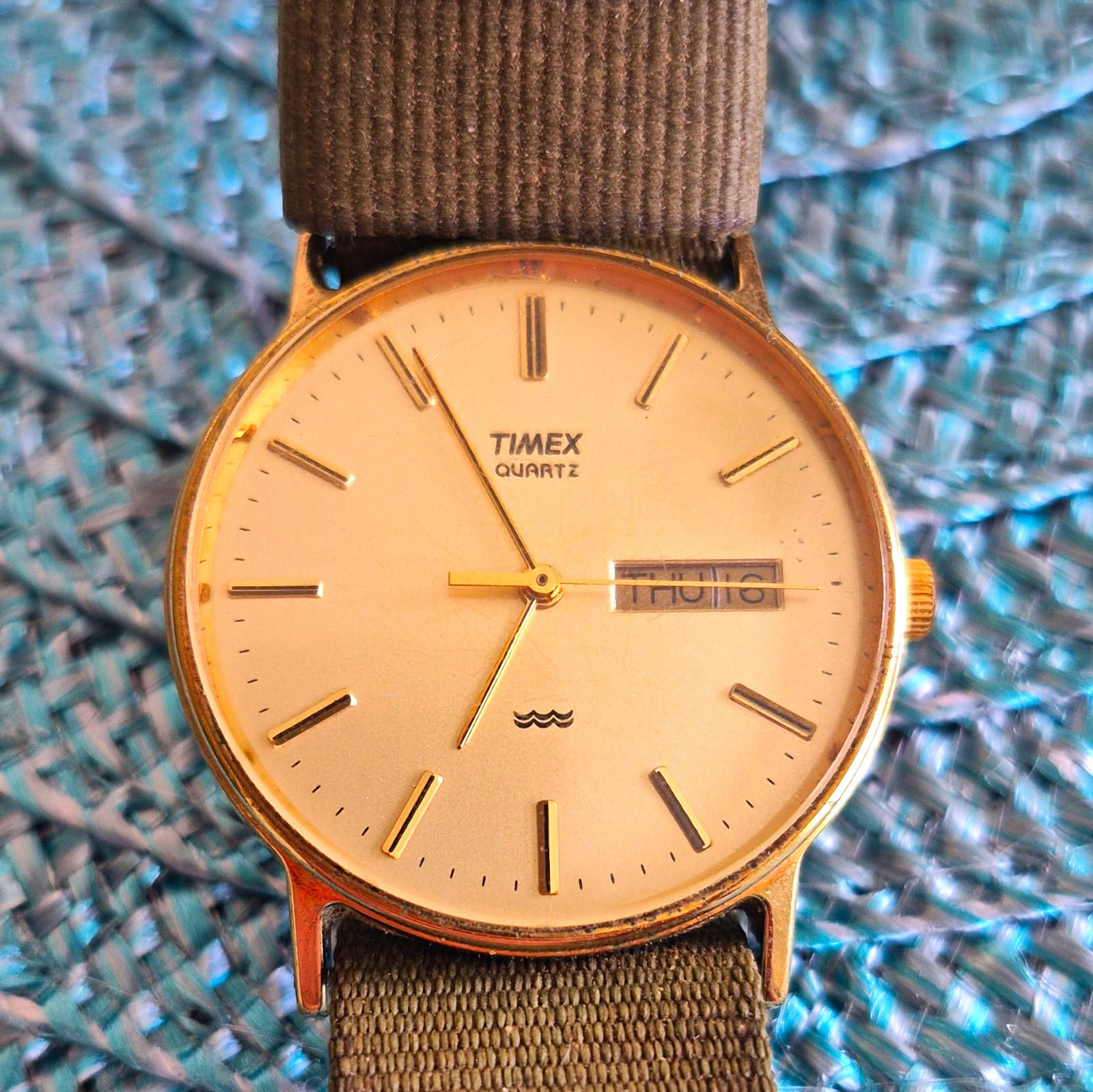 Timex Quartz Day-Date Analog Watch Gold Tone Round Gold Dial Green Nylon Strap