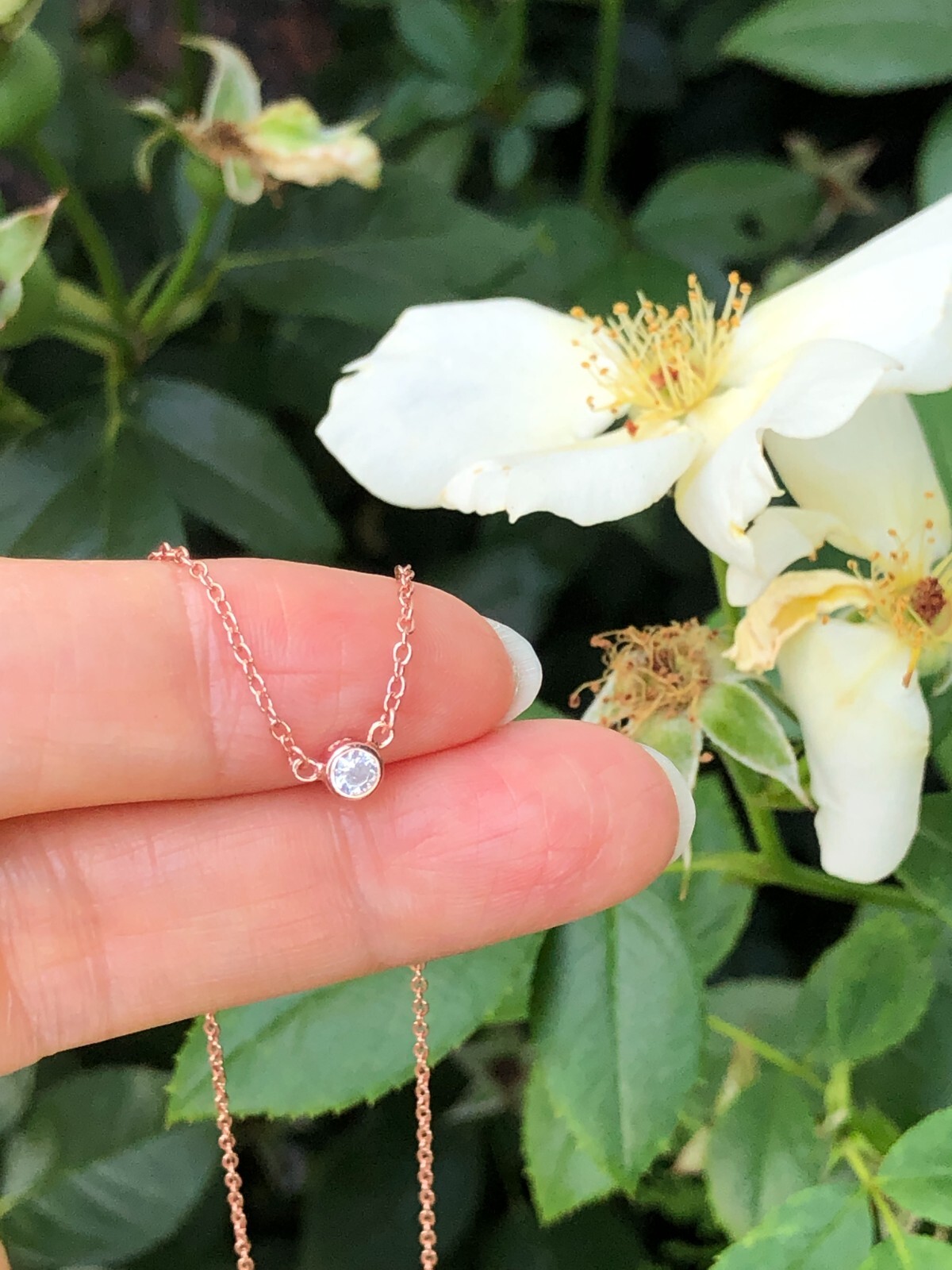 925 Sterling Silver CZ Round Bezel Solitaire Pendant Necklace Dainty 3mm 17.75″