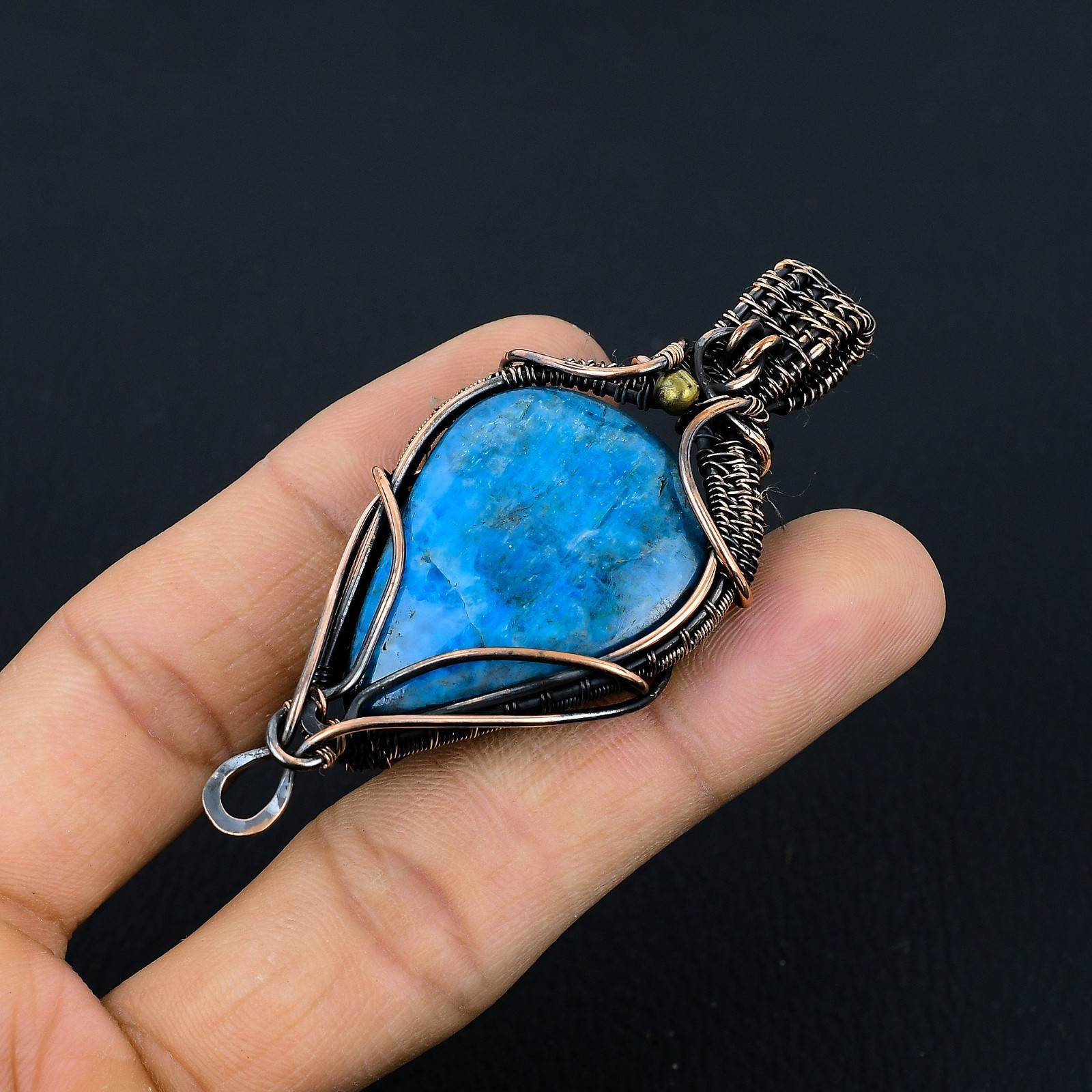 Neon Blue Apatite Handmade Gemstone Copper Wire Wrapped Pendant Jewelry