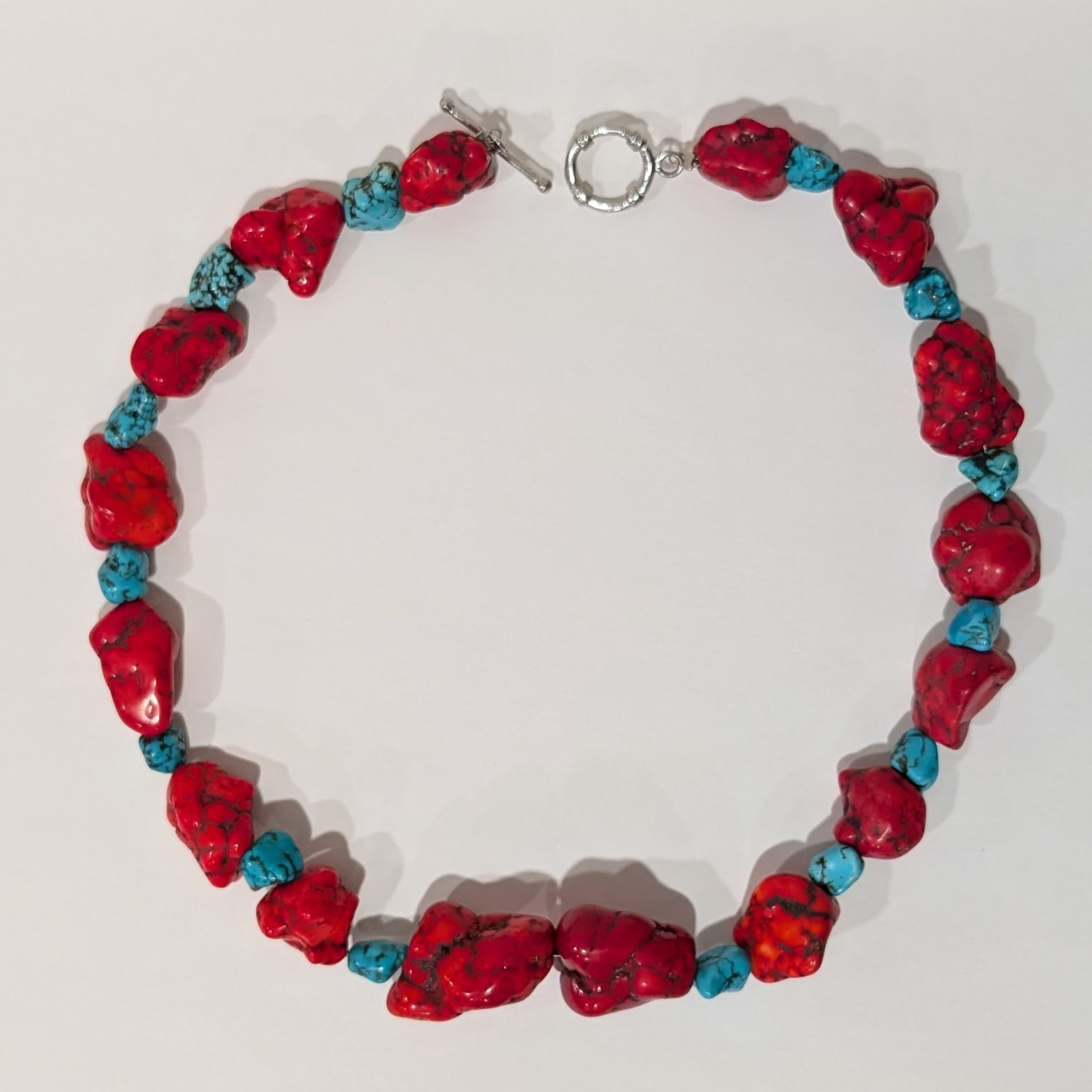 Chunky Necklace with Vivid Red and Blue Dyed Howlite Nuggets 18.5 in.