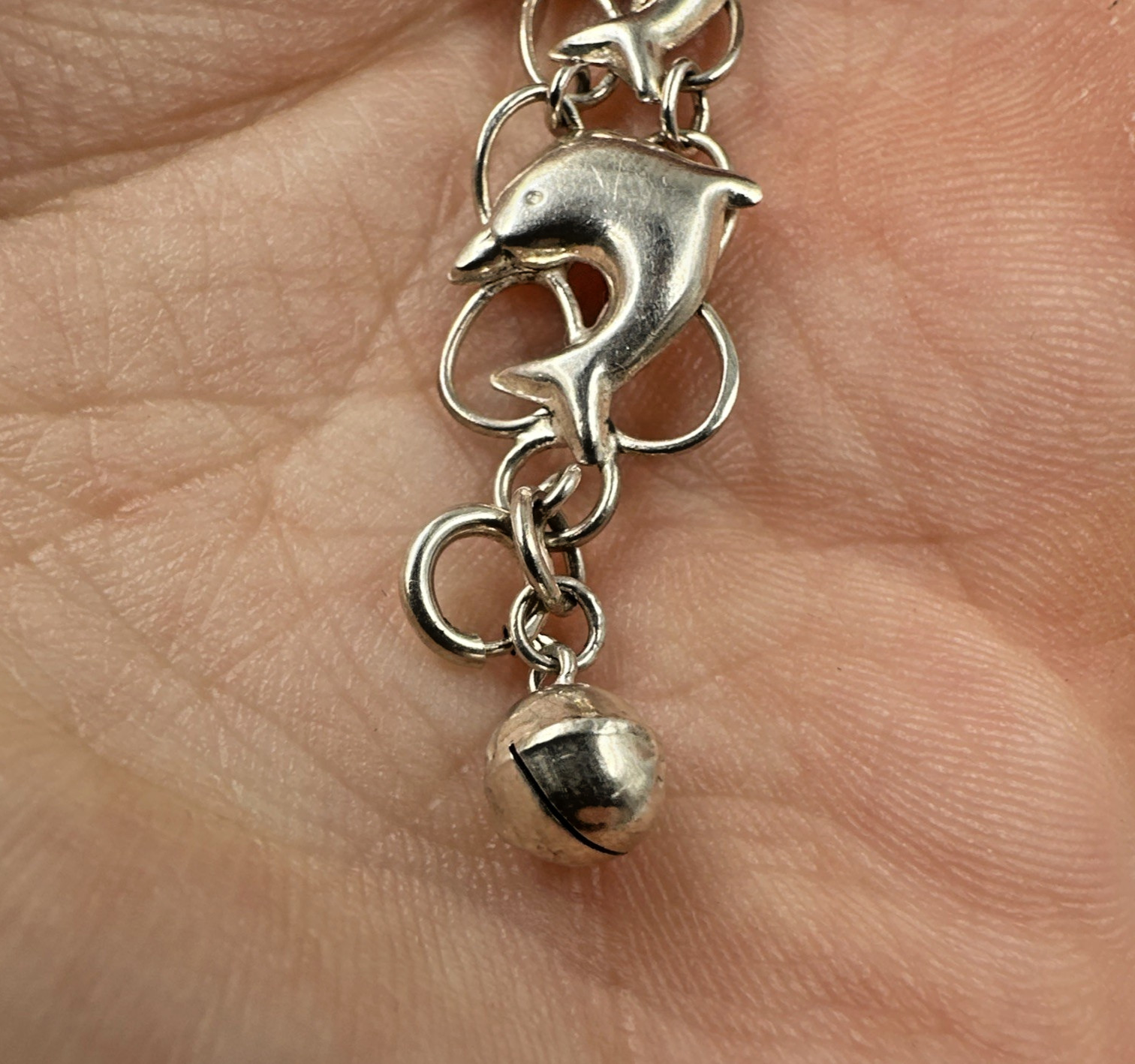 925 Sterling Silver Diving Dolphins Links Bracelet Ball Bell Charm, 7″ 7.71g