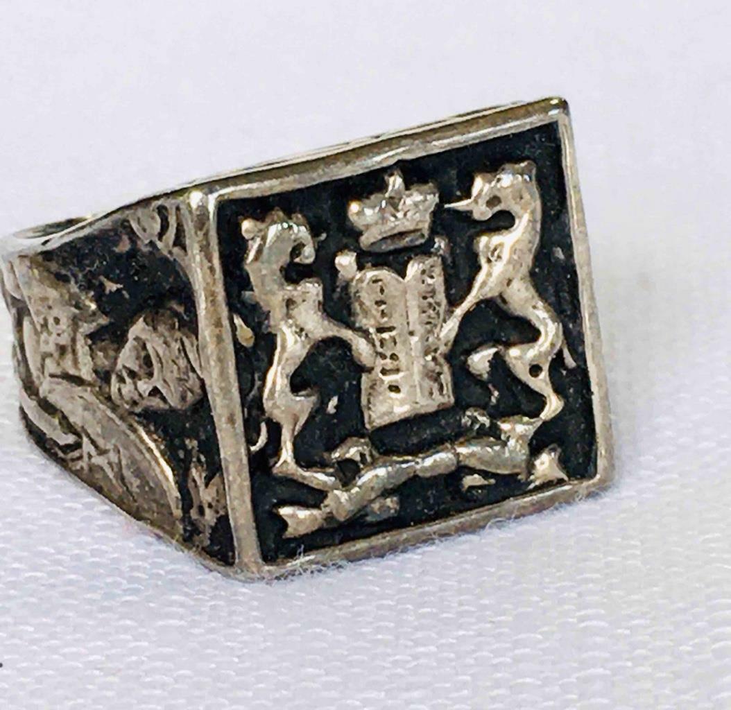 Sterling Silver 10 Commandments Lion Signet Ring Oxidized Finish Judaica Sz 9.25