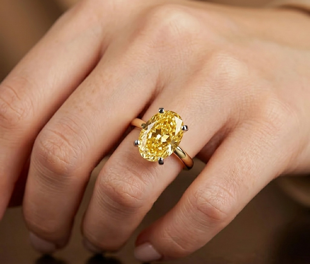 8.00 Ct Certified Oval Shape Natural Yellow Diamond Ring VVS1 Yellow Gold Finish
