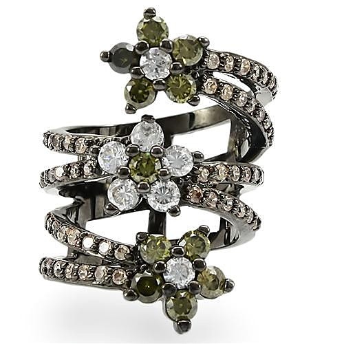 Women’s Floral Ring, Multicolor CZ, Ruthenium Plated, Brass, Wrap ring