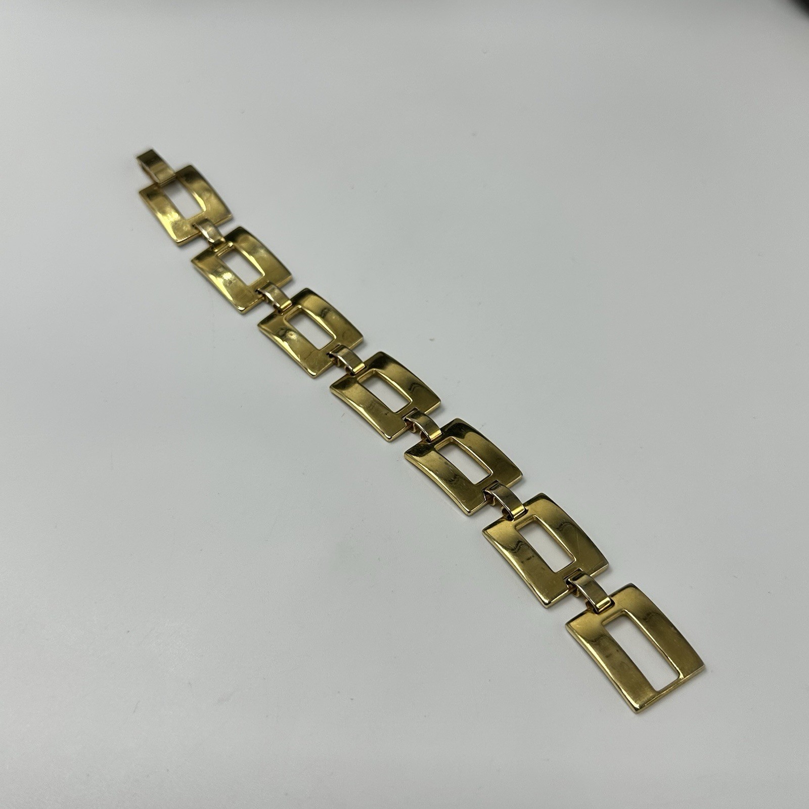 Vintage Bracelet Gold Tone Rectangle Links Fold Over Clasp Statement 7.5 Inch