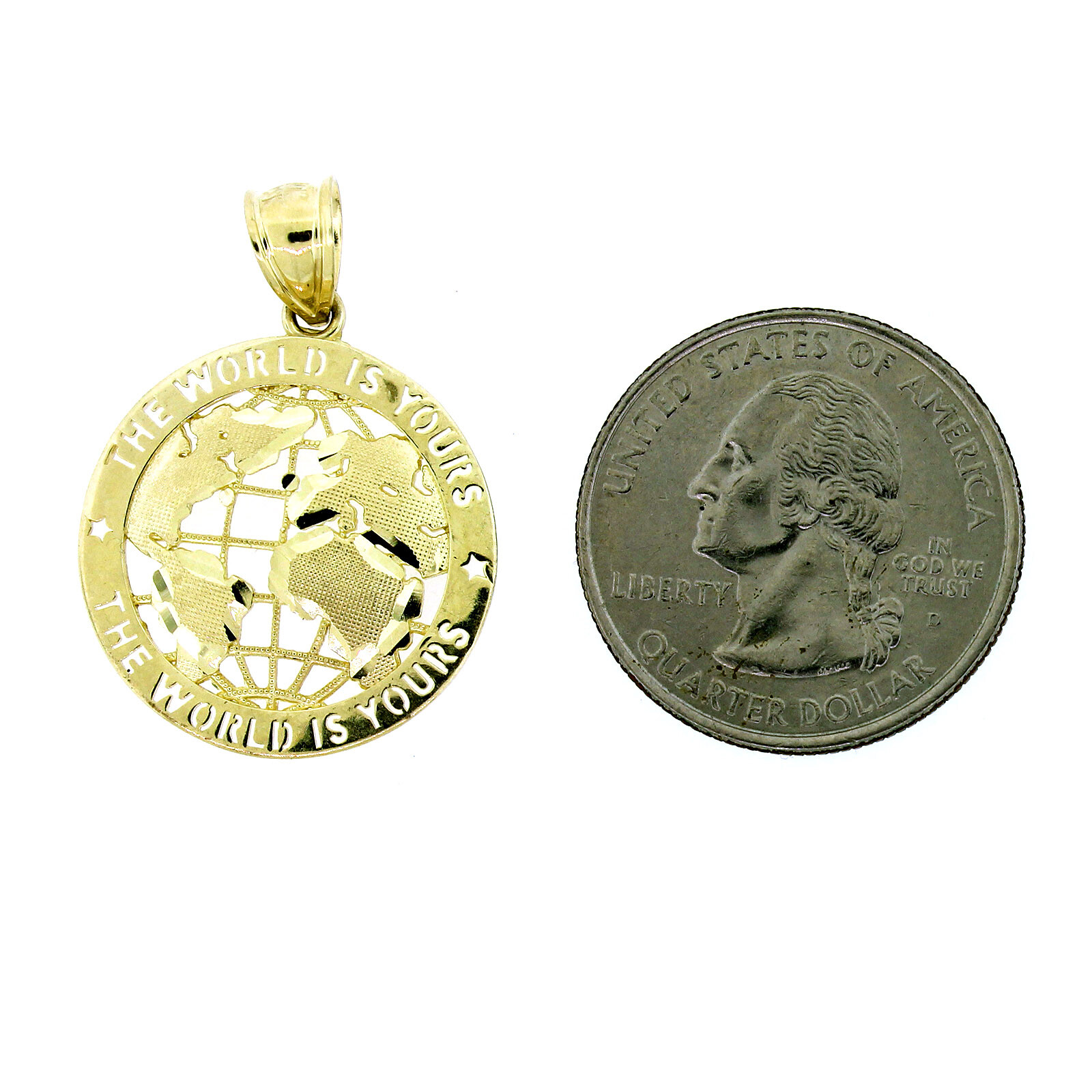 Mens Real 10K Yellow Gold The World is Yours Globe Pendant & 2.5mm Rope Chain