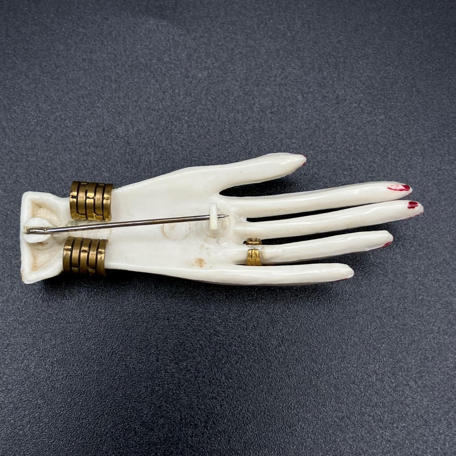 Vintage Hand Brooch White Plastic Figural Pin Gold Ring Bracelet Red Nails MCM