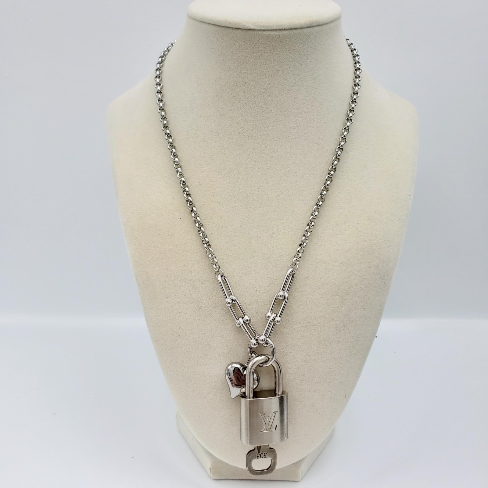 Authentic Louis Vuitton Padlock w/Unbranded Stainless Steel Plated Silver Chain