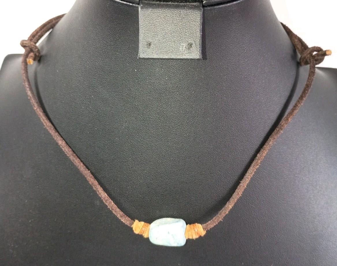 BoHo Natural Amazonite Stone Slide Necklace Brown Leather Cord
