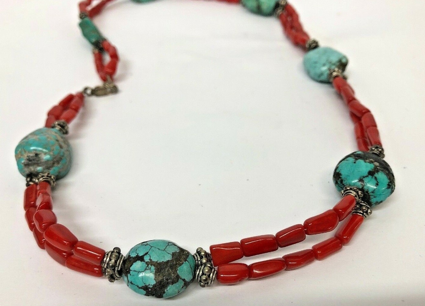 Sterling Silver Natural Beads Turquoise, Coral Necklace 19 1/2 inches