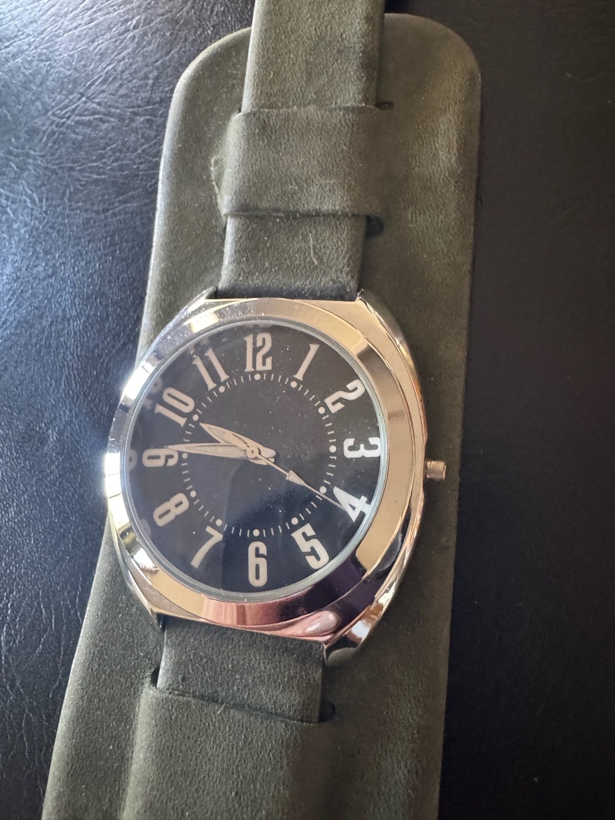 Unique Olive Green Suade Watch with Black Face Silver Bezel NEW Needs Battery