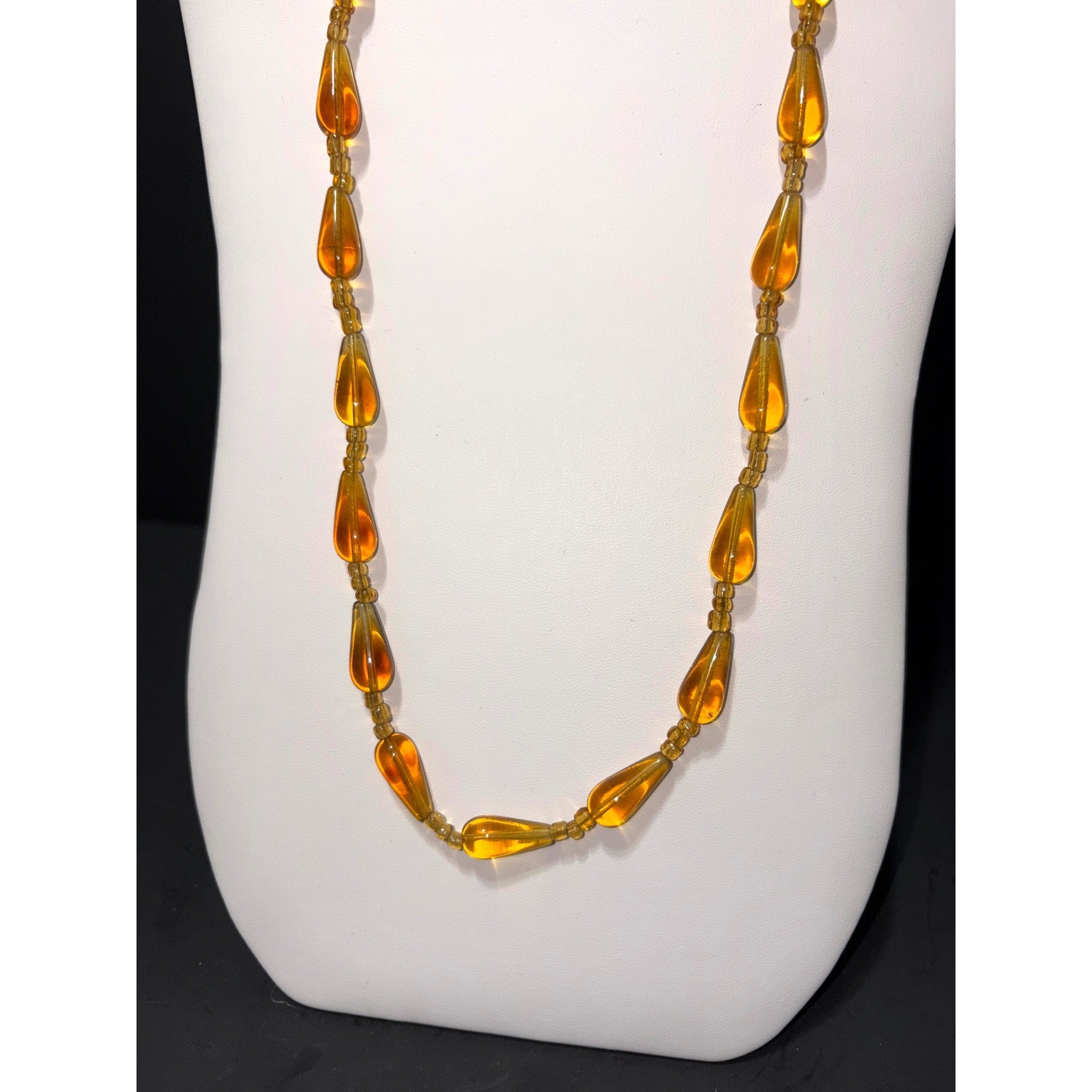Vtg Amber Glass Teardrop Bead Necklace Yellow Honey Translucent 26″