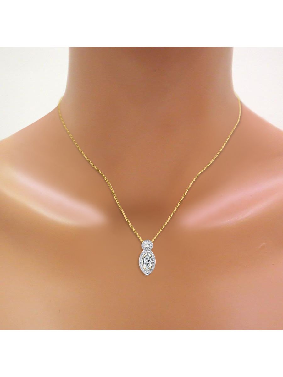 RYLOS WHITE TOPAZ & DIAMOND DESIGNER MARQUISE NECKLACE YELLOW GOLD PLATED SILVER