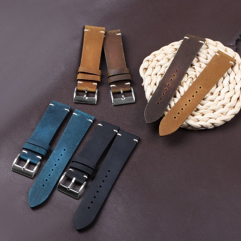 Retro Crazy Horse Genuine Leather Watch Straps Mens Solid Buckle Band 18/20/22mm