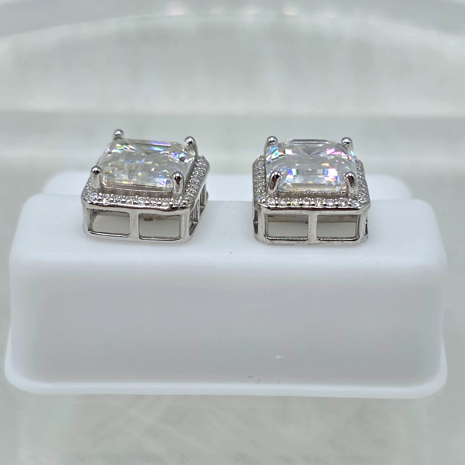 12mm, 8ct, Moissanite 925 Silver Stud Earrings, Rectangle with Halo, Unisex