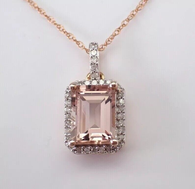 3Ct Emerald Cut Simulated Morganite Halo Lovely Pendant In 14K Rose Gold Plated