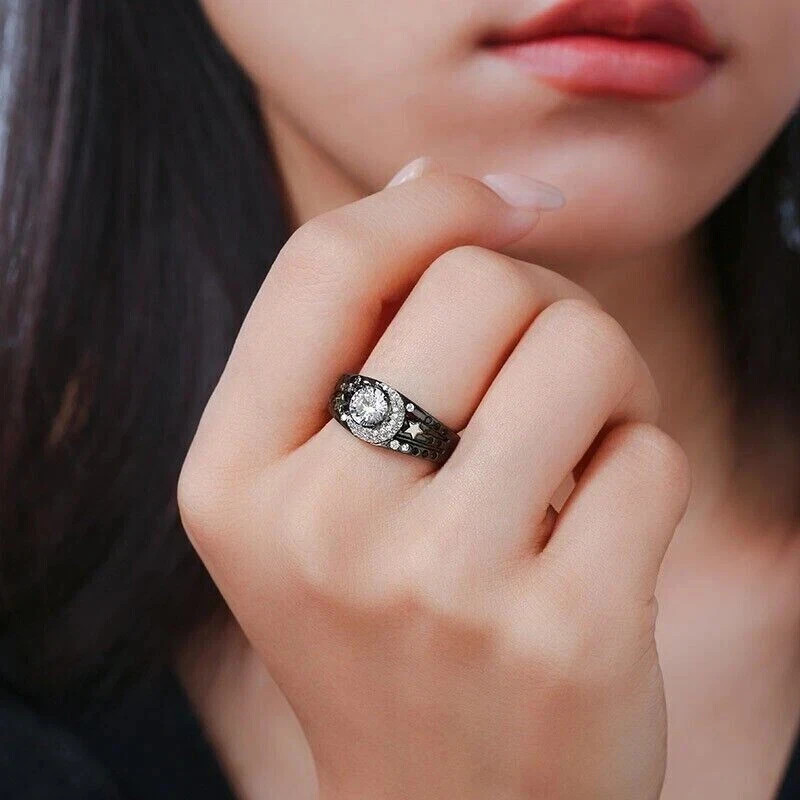 Art Deco Style Lab-Created Diamond Moon Star Birthday Ring 14k Two-Tone Gold FN
