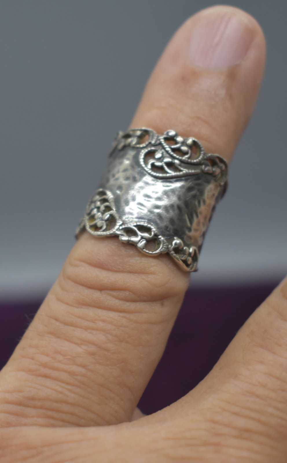 PAZ Creations Sterling Silver Wide Cigar Band Ring Hammered Filigree Israel…