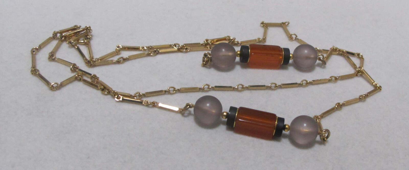 Vtg 1978 SARAH COV “Monterey” 35” Gold Tone Orange Grey Black Station Necklace
