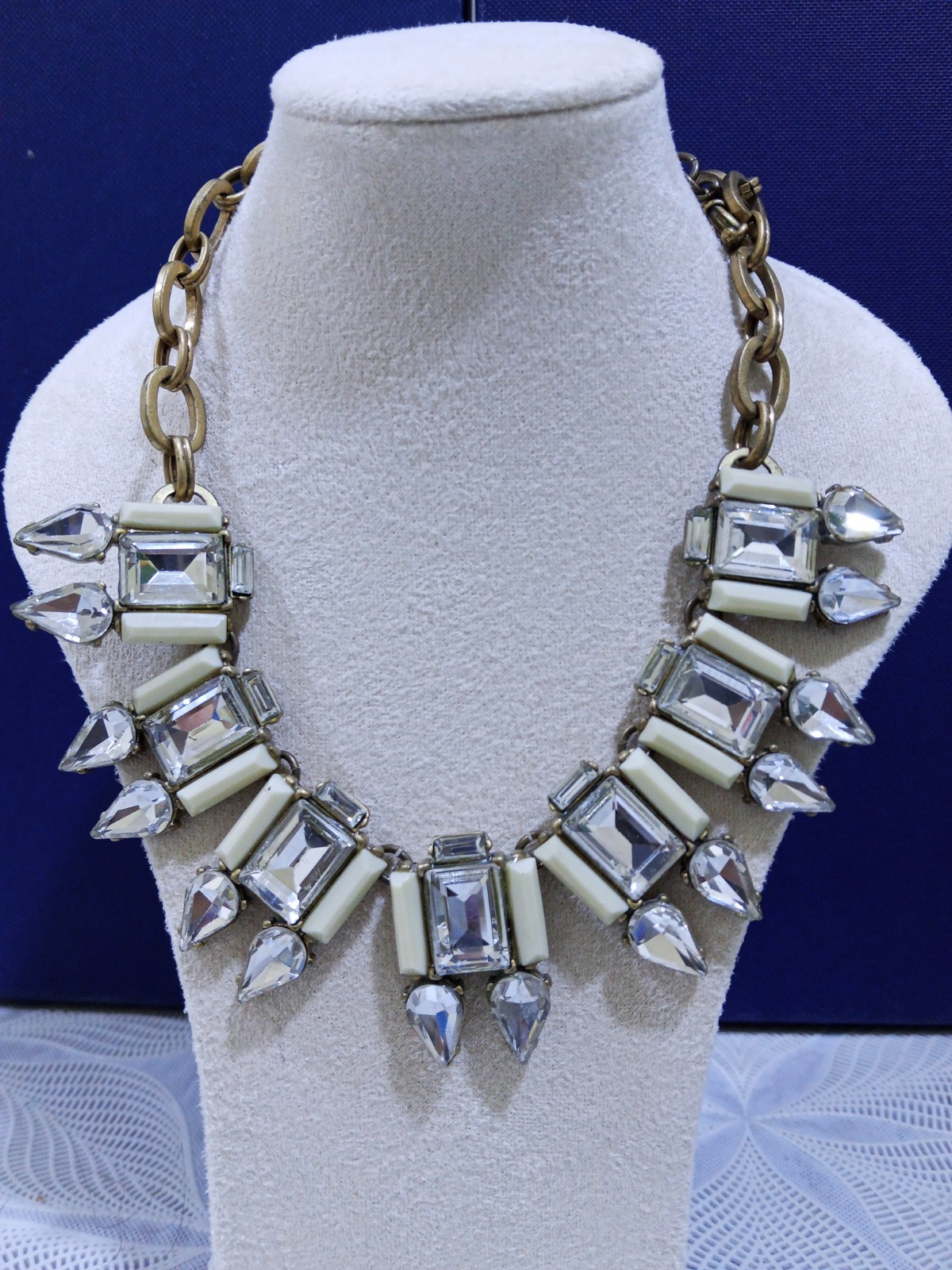 J. Crew Necklace, Faux Crystal and White Acrylic, Gold Tone Chain