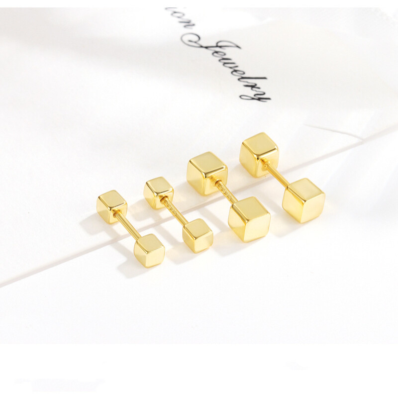 Womens Tiny 3D Cube Screw Back Stud Earrings Minimalist Jewelry Surgical Steel