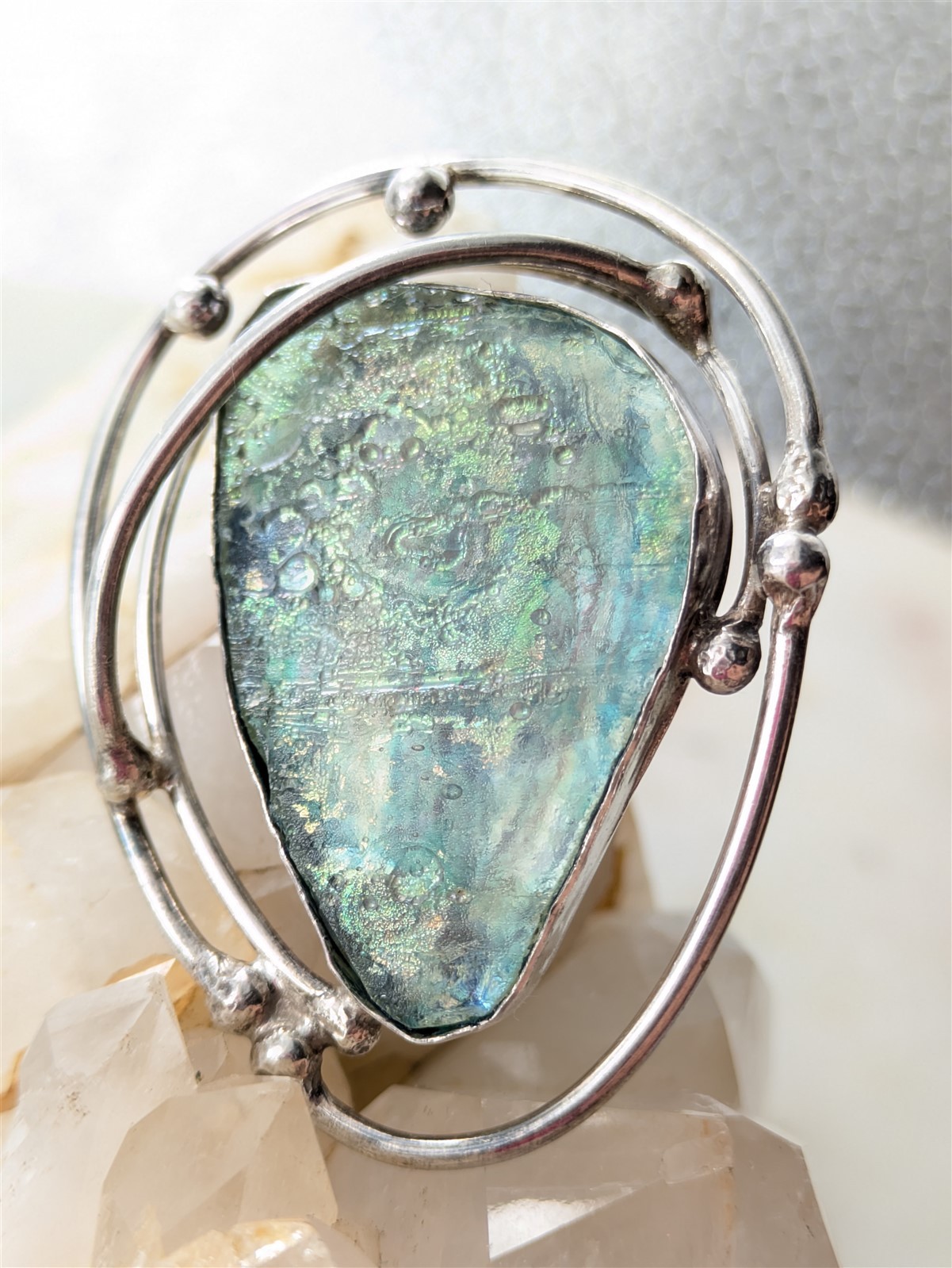 Vintage Solid Sterling Silver Blue Green Art Glass Brooch Pendant 11.7 Grams