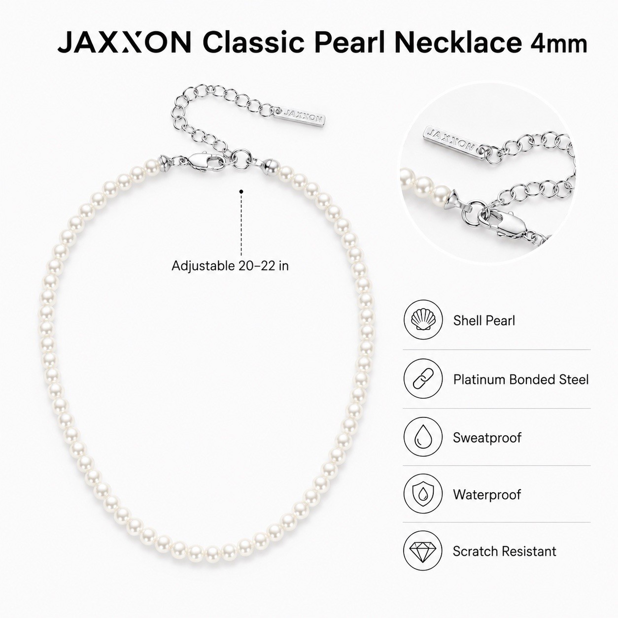 JAXXON Classic 4mm Shell Pearl And Platinum Bonded Steel Necklace – Adjustable
