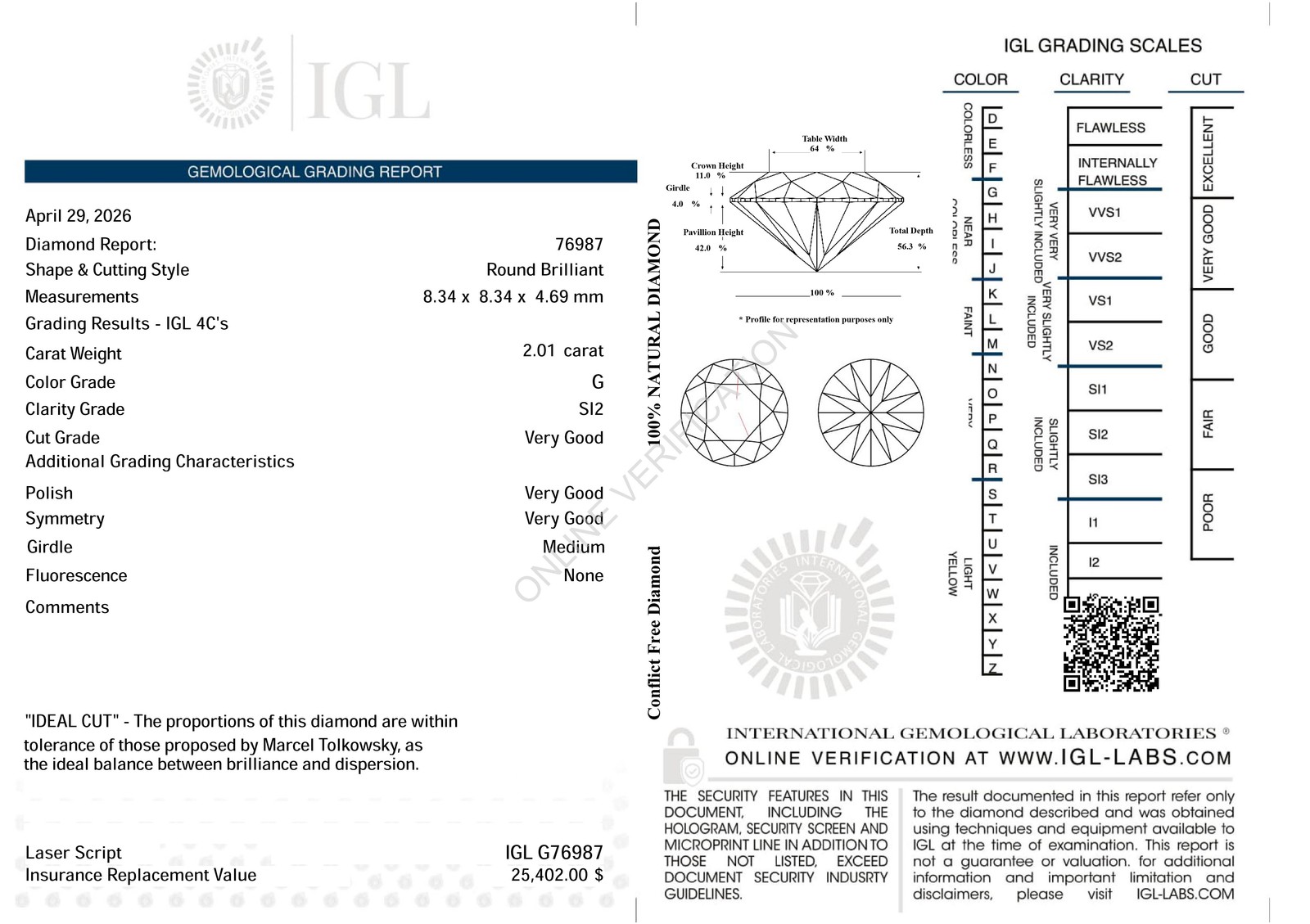 Certified 2.01 Carat G SI2 Round Brilliant Natural EARTH MINED Diamond 8.34mm