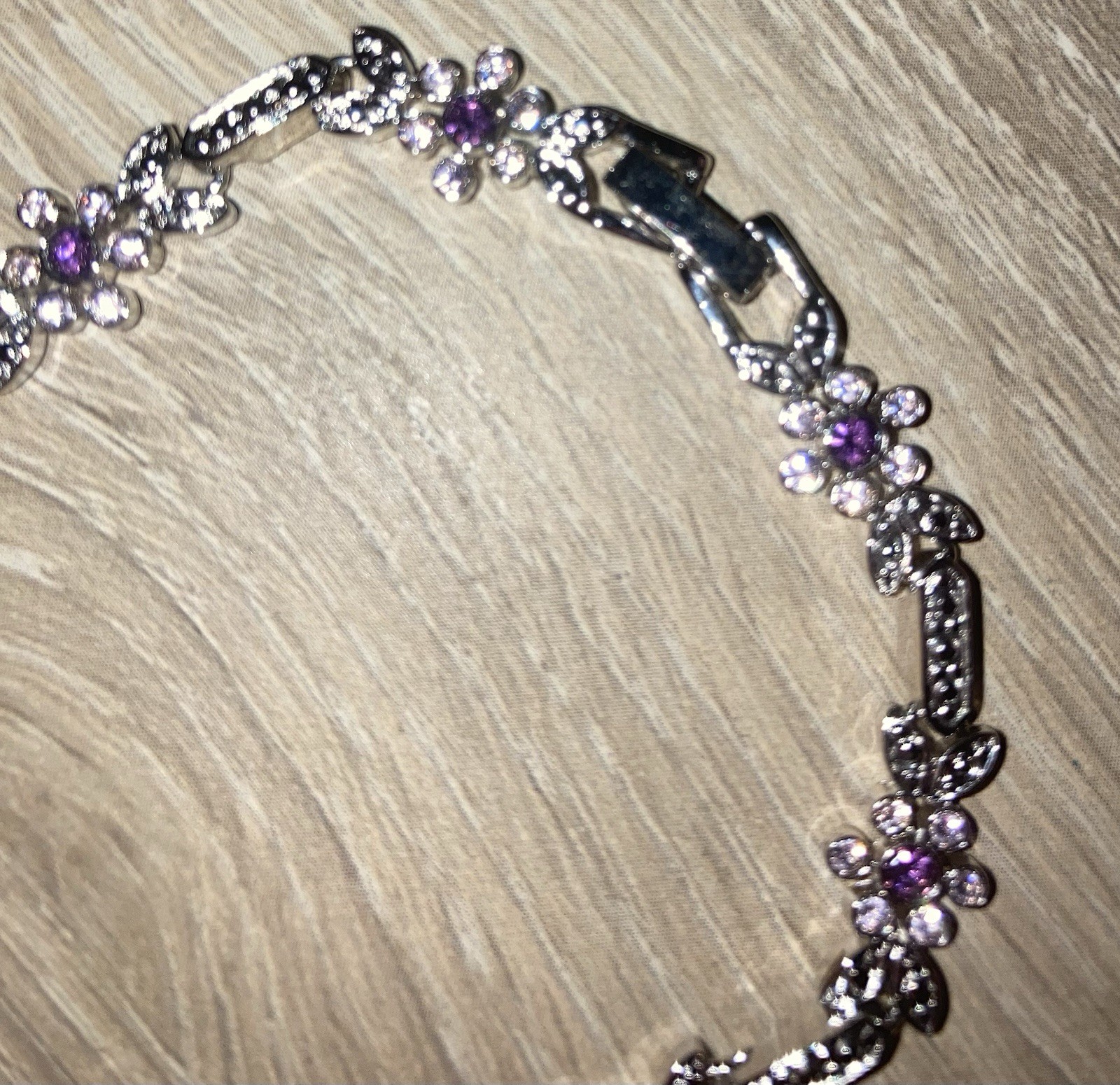 Floral Silver Colored Tennis Bracelet with Purple Round Stones