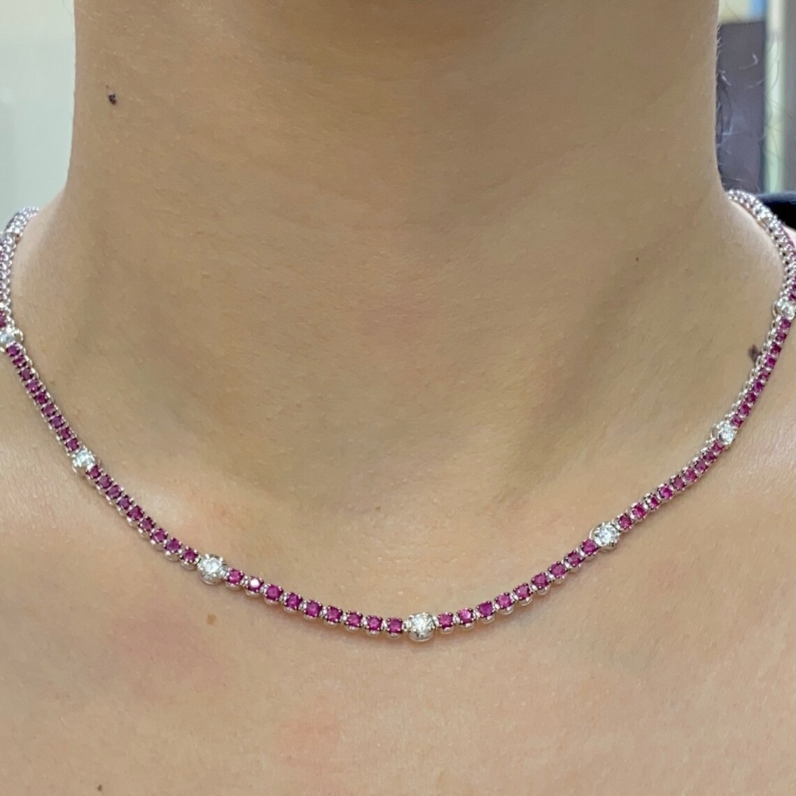 REAL 18K White Gold SILVRE 925 VINTAGE 6.03ct Ruby& 1.12ct in Diamonds 18 INCH