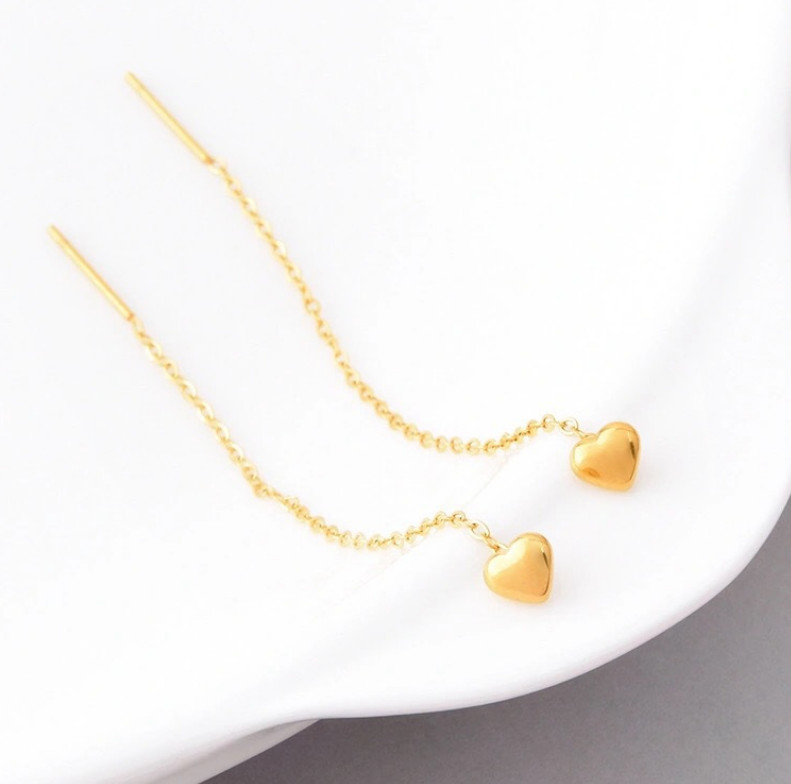 3″ Threader Gold Hearts Earrings Stainless Steel Elegant Fashion Drop PE9