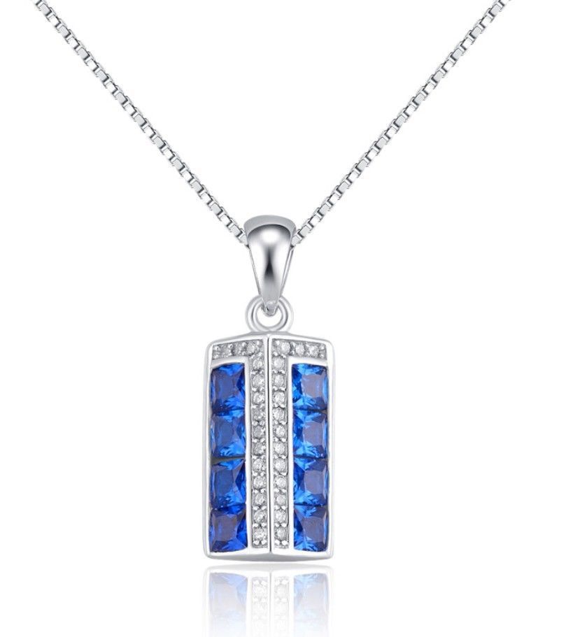 925 Sterling Silver Cubic Zirconia Blue Radiant Cut Sapphire Pendant Nacklace A2