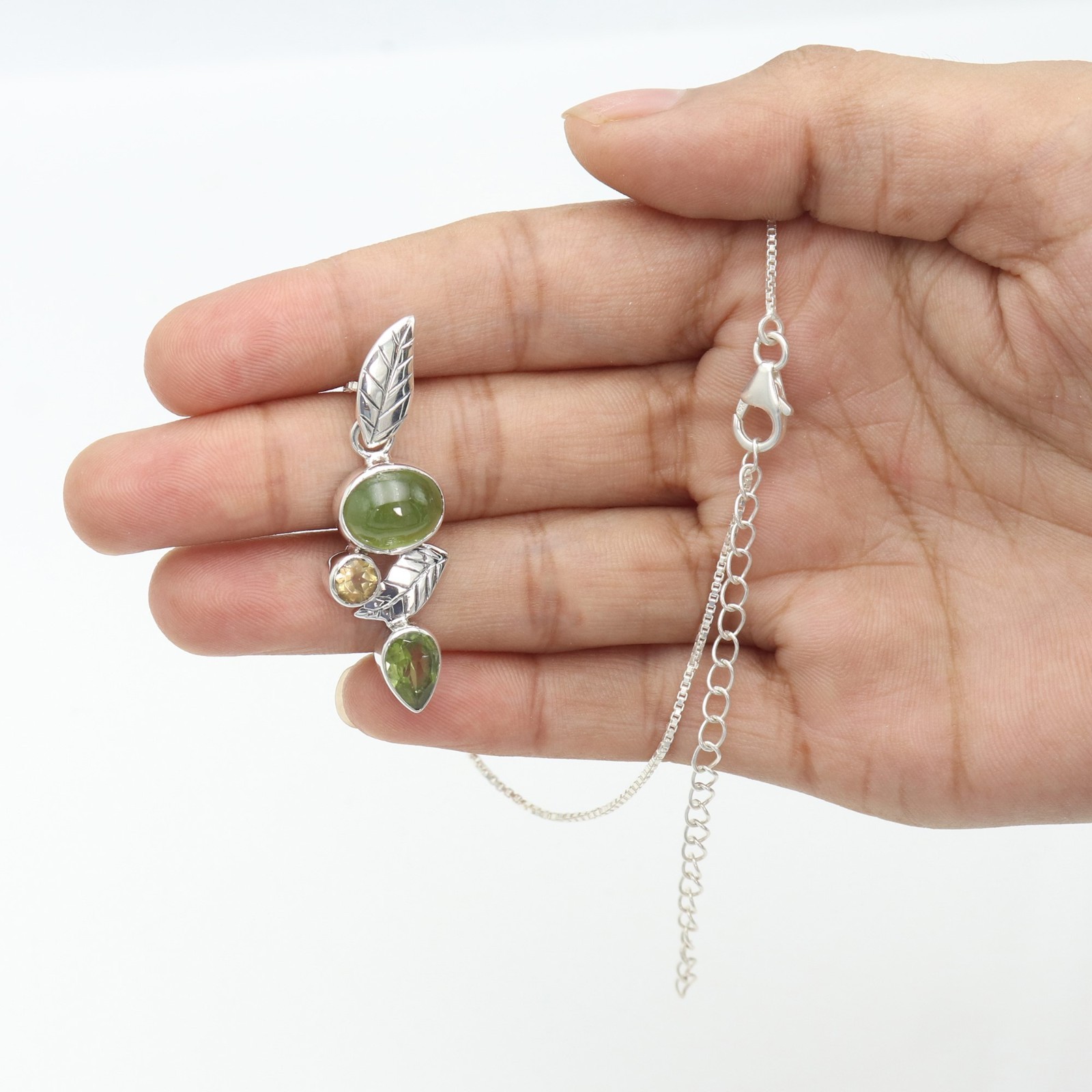 Peridot Leaf Necklace 925 Sterling Silver Gemstone Pendant for Women Gift