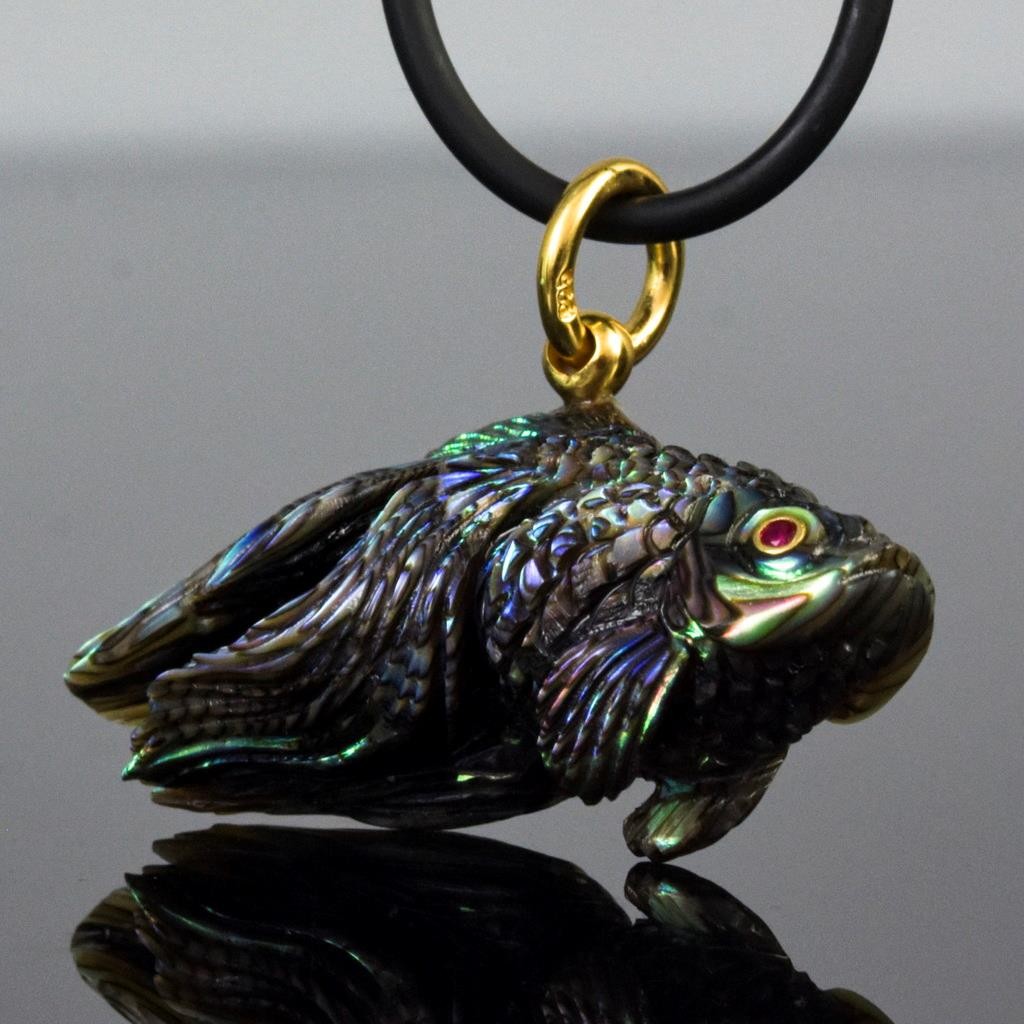 Gold Fish Pendant Carved Abalone Shell Gold Vermeil Sterling Silver Ruby 9.71g
