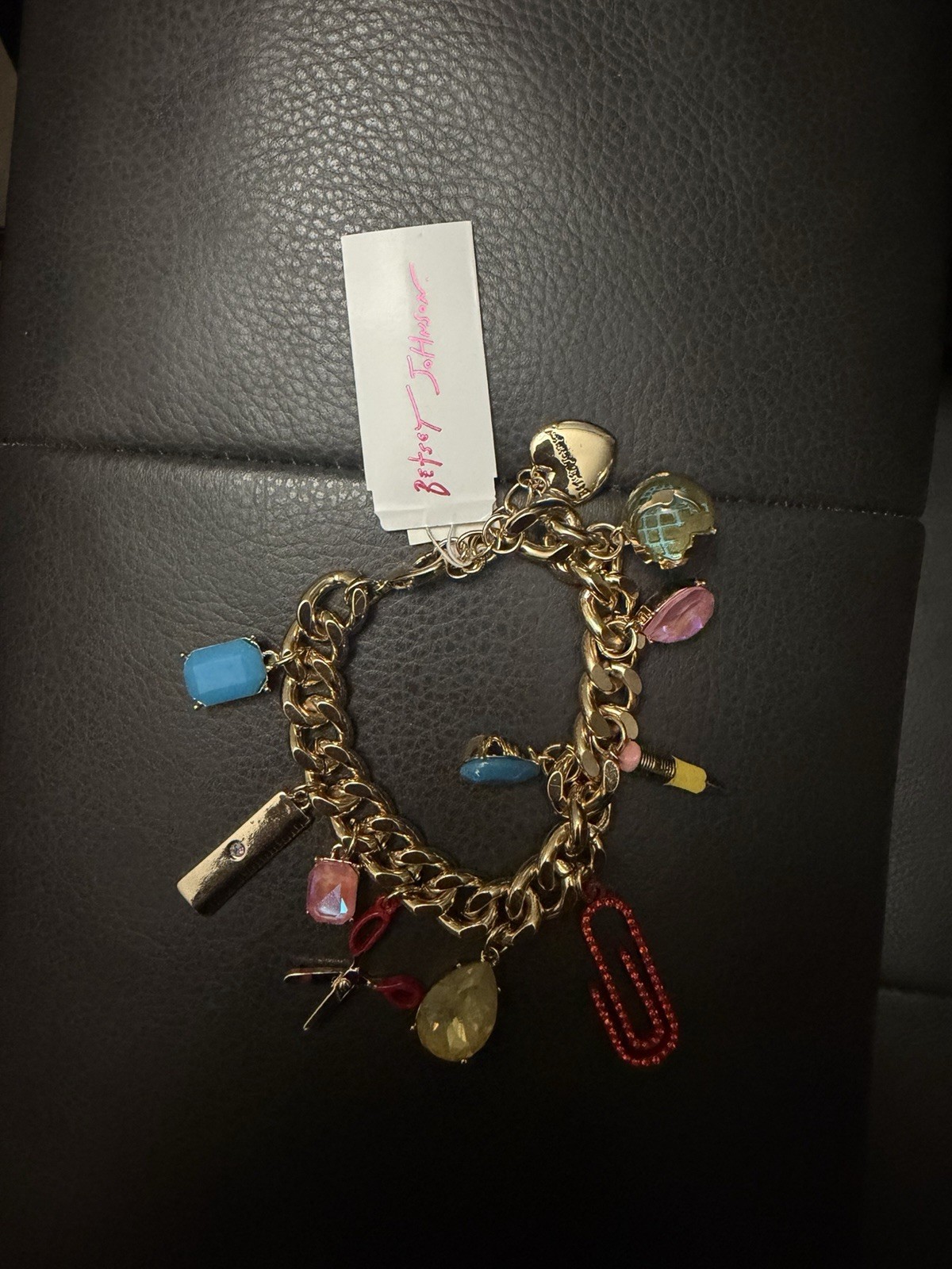 Betsey Johnson Gold Tone Curb Link Charm Bracelet Multicolor Crystal Signed