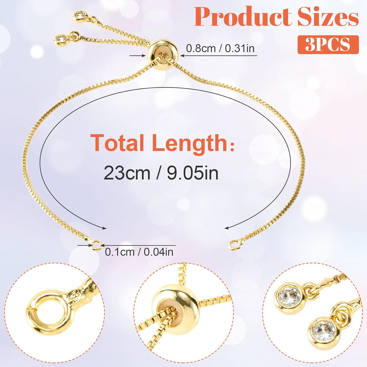 3Pcs Adjustable Slider Bracelet for Jewelry Making, 18K Gold Plated Charm Bracel