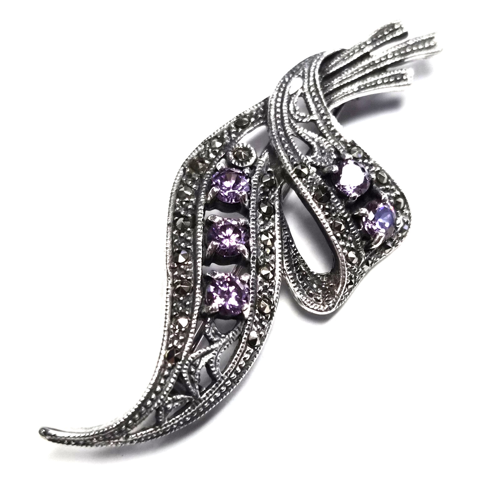 Vintage 925 Sterling Silver Amethyst & Marcasite Art Deco Style Leaf Brooch Pin