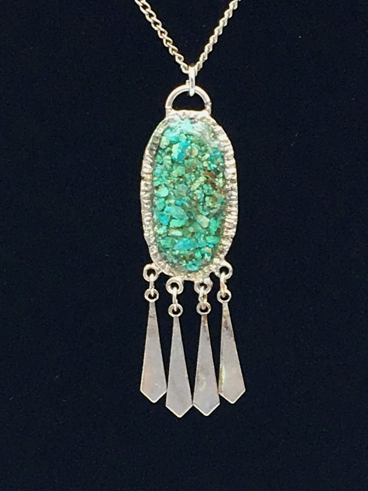 Handmade Nickle Silver Oval Pendant Turquoise Chips Dangling 18″ Chain Necklace