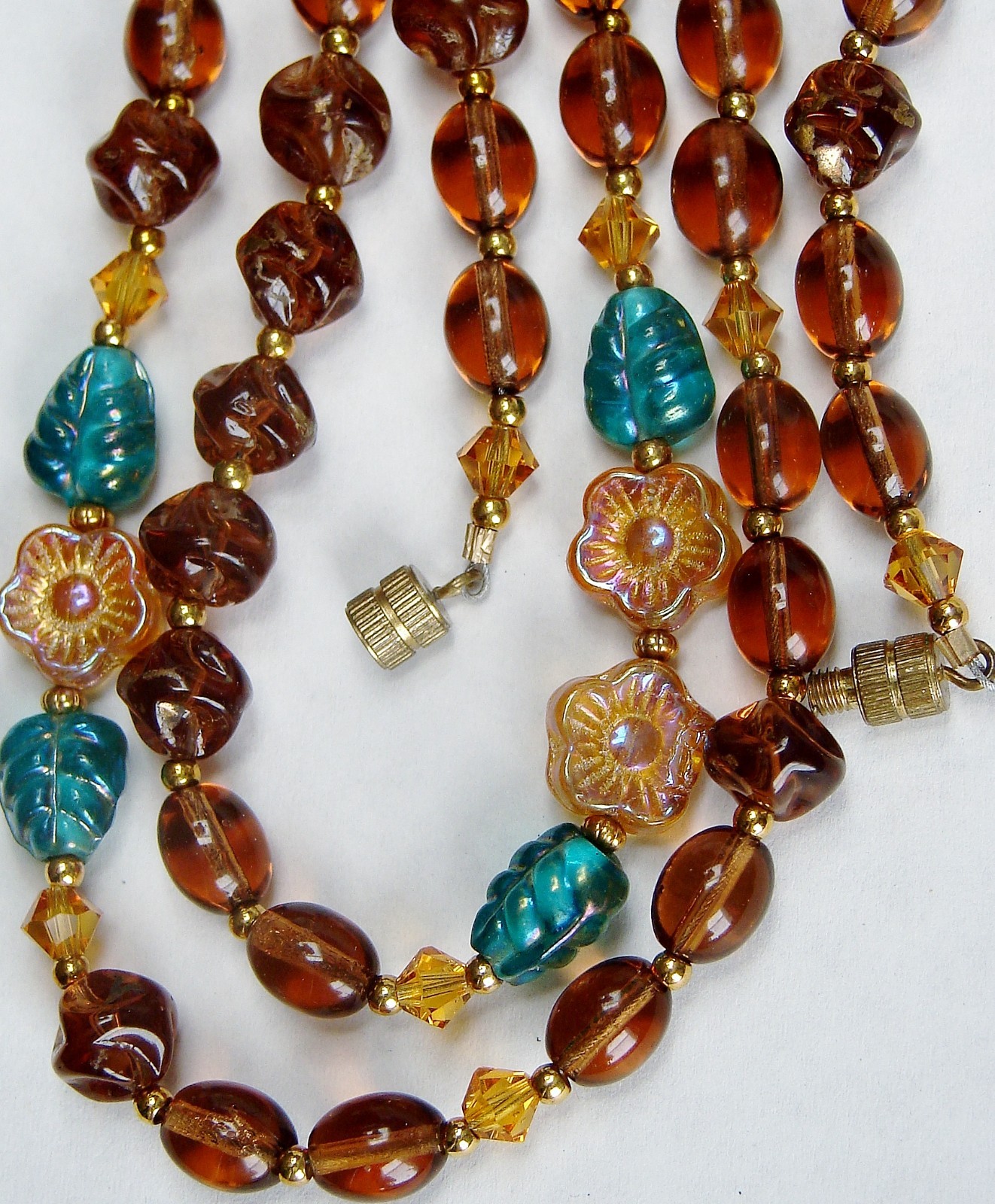 9″ Double Strand Amber-toned Bead Necklace w/Turquoise Colored Accents