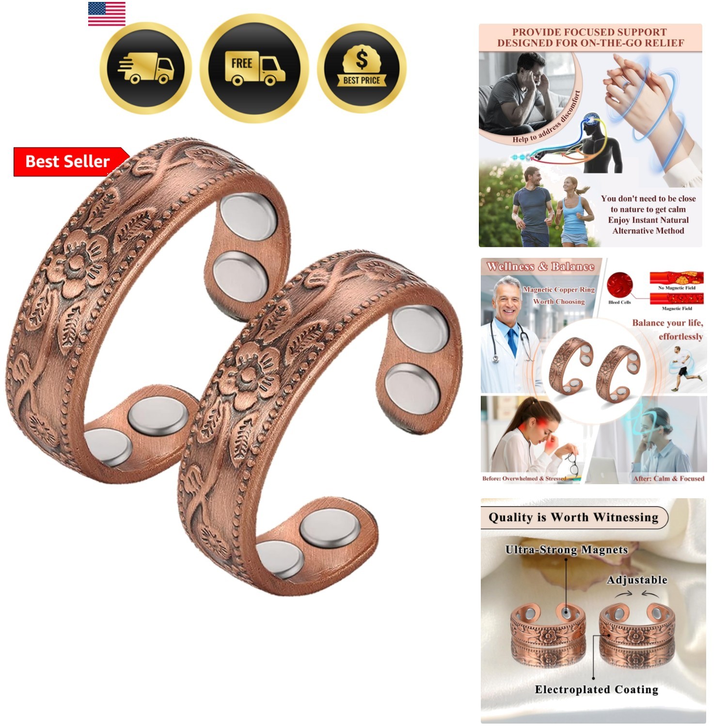 Copper Magnetic Ring for Women 99.9% Copper Finger Ring Strong Magnet Ring Co…