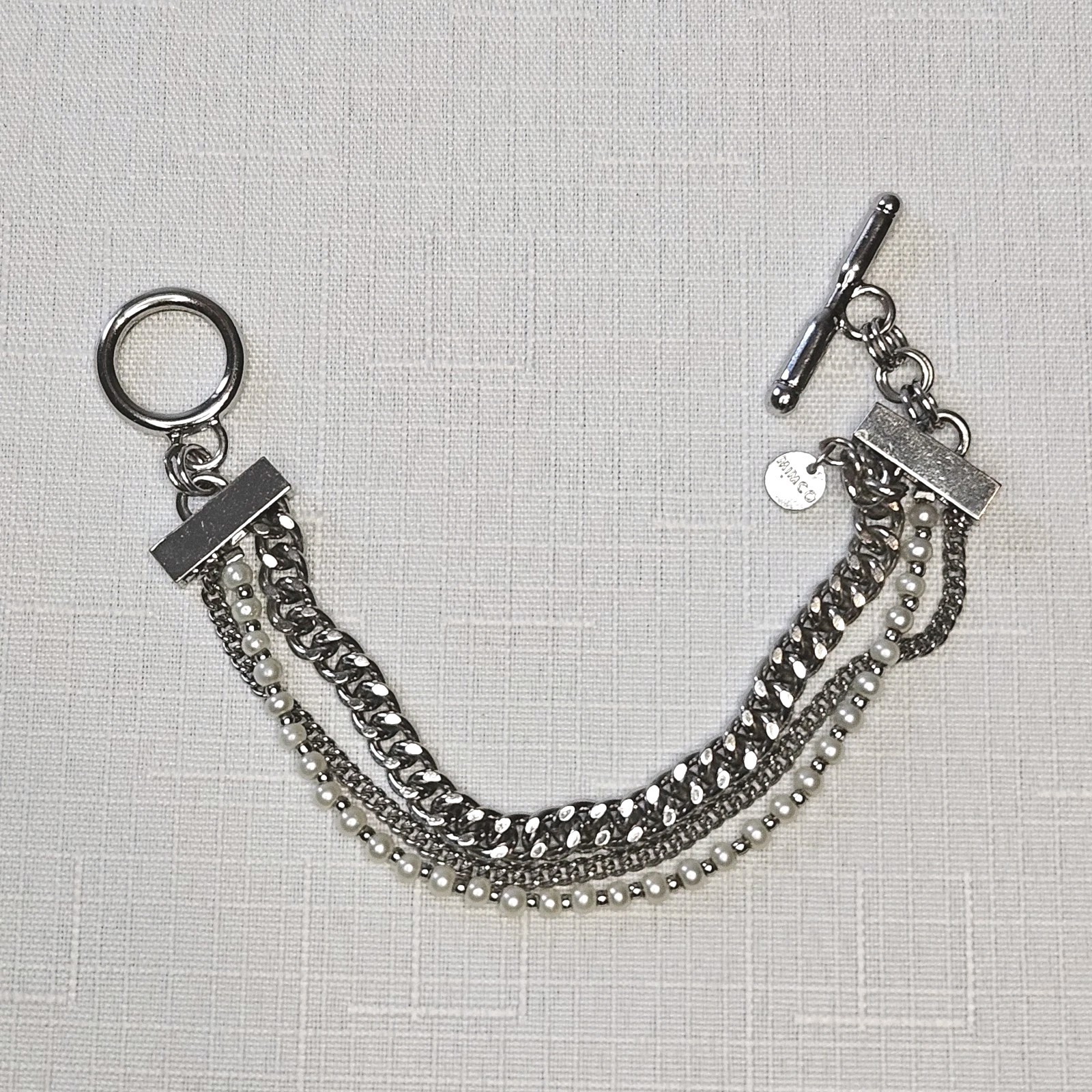 Mimco Signed Silver-Tone Multi-Strand Curb Link Faux Pearl Toggle Bracelet