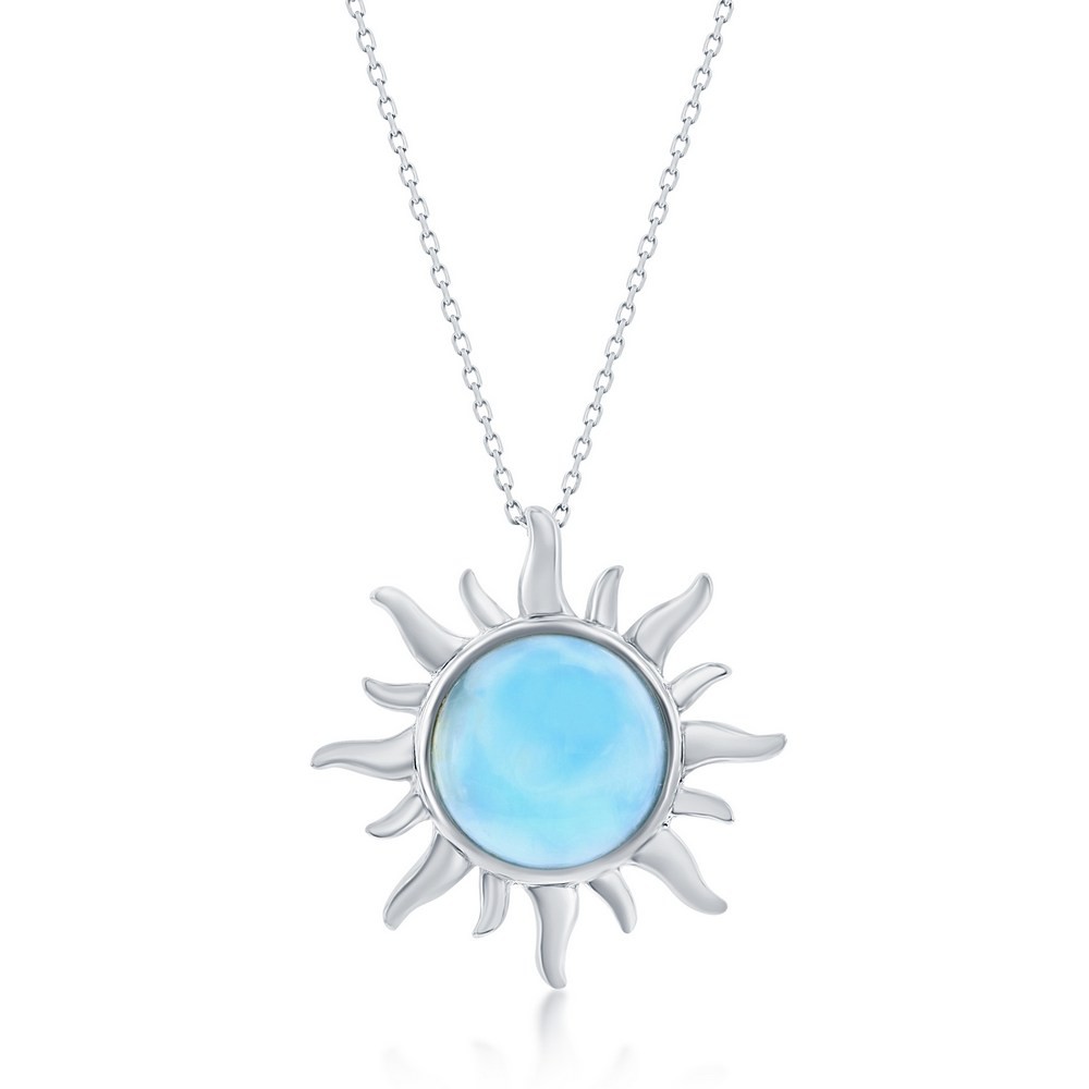 Sterling Silver Caribbean Treasures Genuine Larimar Sun Pendant Rhodium Plated