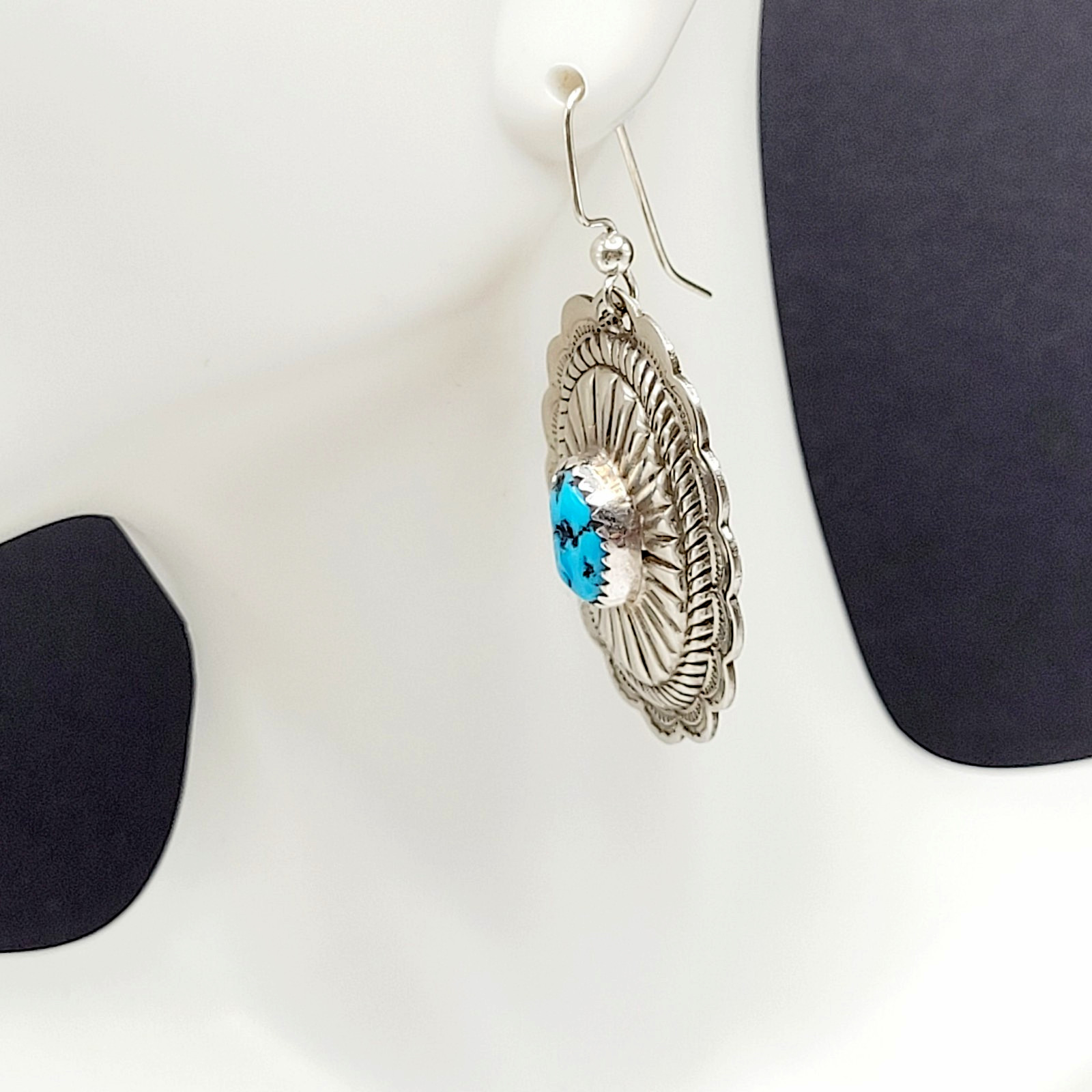 Southwestern Style Silver Tone Turquoise Concho Dangle Pierced Hook Earrings