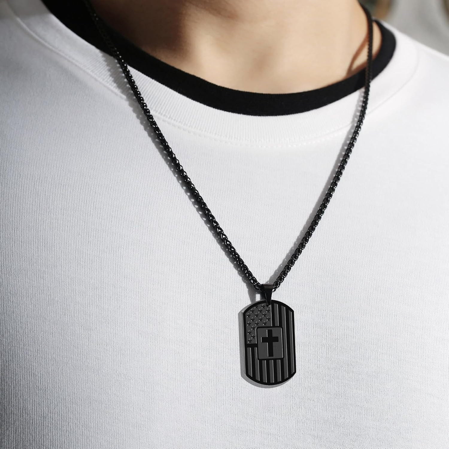 American Dog Tag Cross Necklace for Boys Men, Christian Baptism Confirmation Rel
