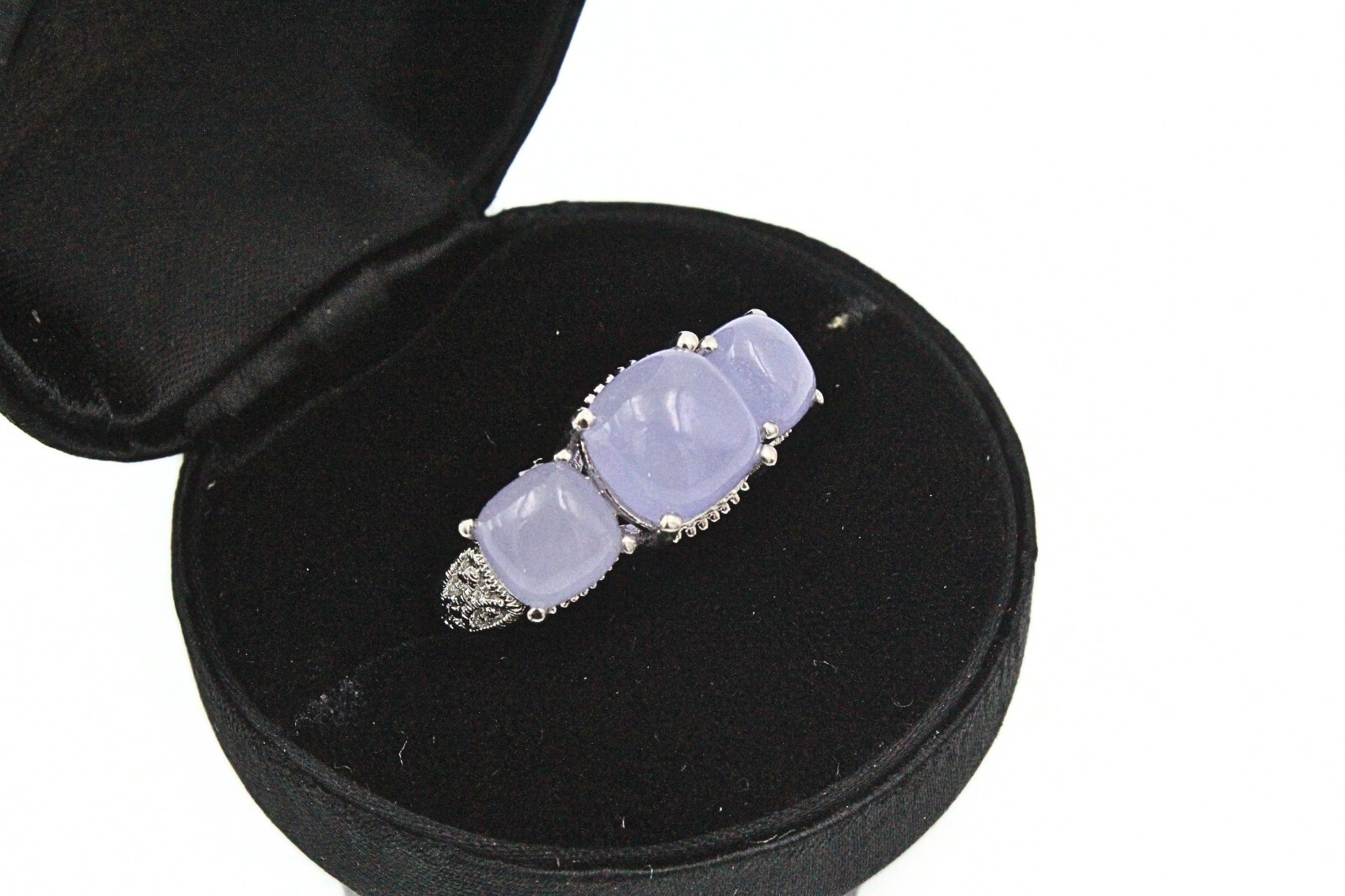 STS Karis Signed Contemporary Rhodium Plate 3 Stone Jade Ring Sz 7