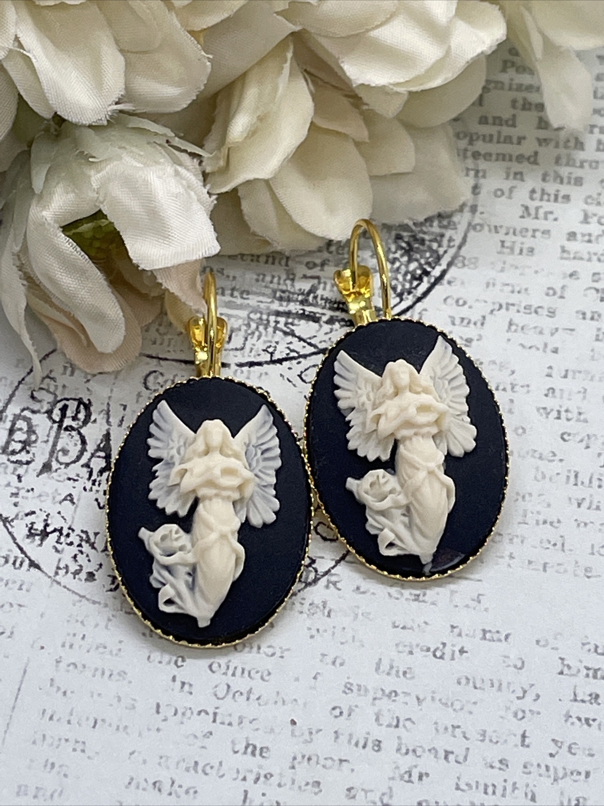 Gold Cream & Black Victorian Angel Wedding Anniversary Earrings Cameo Birthday